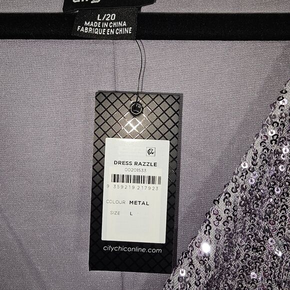 City Chic Razzle Sequin Wrap Dress L/20 Metallic Silver Long Sleeve Party NWT - Picture 4 of 8